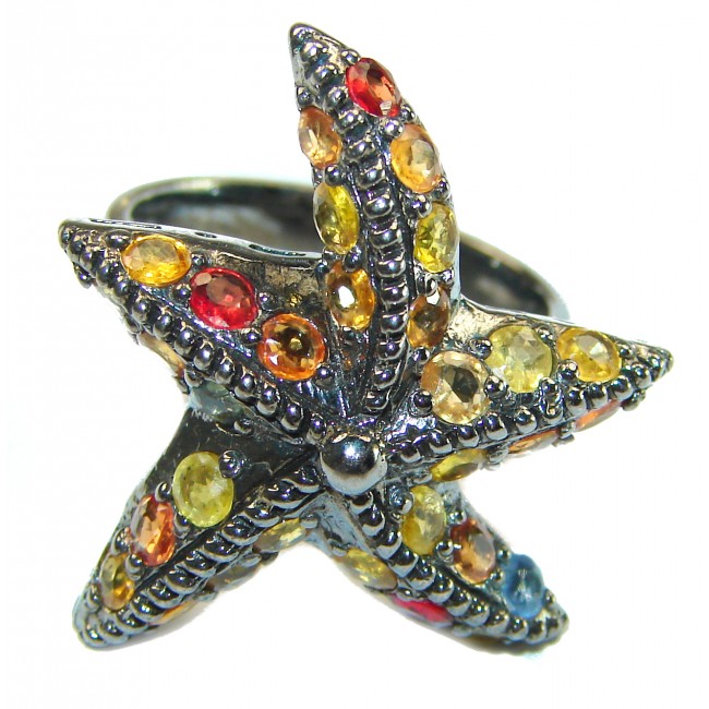 Genuine Sapphire Starfish black rhodium over .925 Sterling Silver Handcrafted Large Ring size 8 3/4