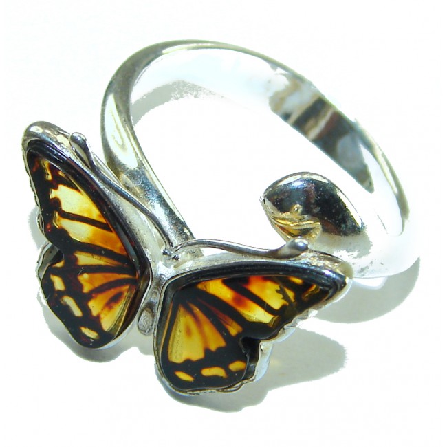 Beautiful Authentic carved Butterfly Baltic Amber .925 Sterling Silver handcrafted ring; s. 8 adjustable