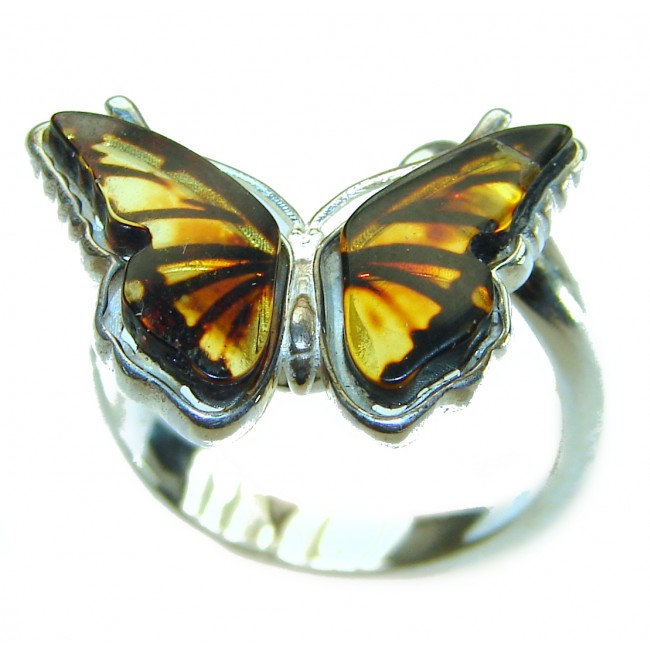 Beautiful Authentic carved Butterfly Baltic Amber .925 Sterling Silver handcrafted ring; s. 8 adjustable