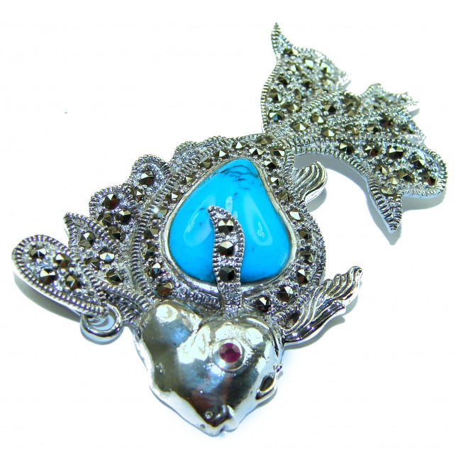 Large Blue Fish Genuine Turquoise .925 Sterling Silver handcrafted Pendant