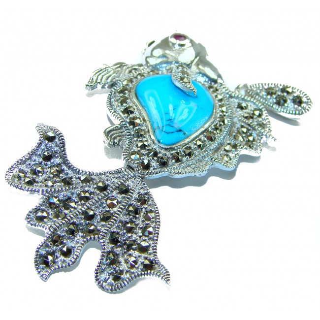 Large Blue Fish Genuine Turquoise .925 Sterling Silver handcrafted Pendant