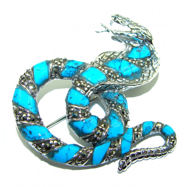 Cobra Snake inlay Turquoise .925 Sterling Silver handcrafted Pendant Brooch