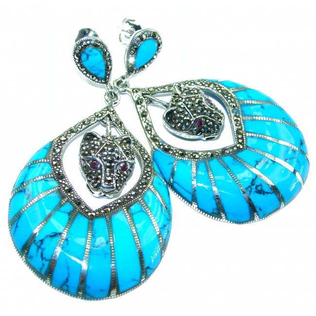 Spectacular Panthers Blue Turquoise .925 Sterling Silver handcrafted Earrings