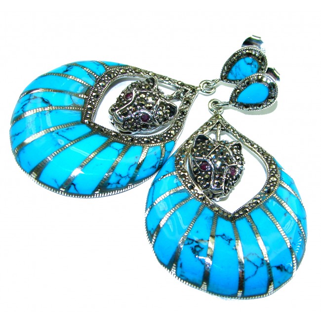 Spectacular Panthers Blue Turquoise .925 Sterling Silver handcrafted Earrings