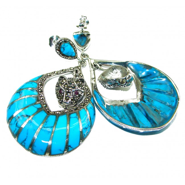 Spectacular Panthers Blue Turquoise .925 Sterling Silver handcrafted Earrings