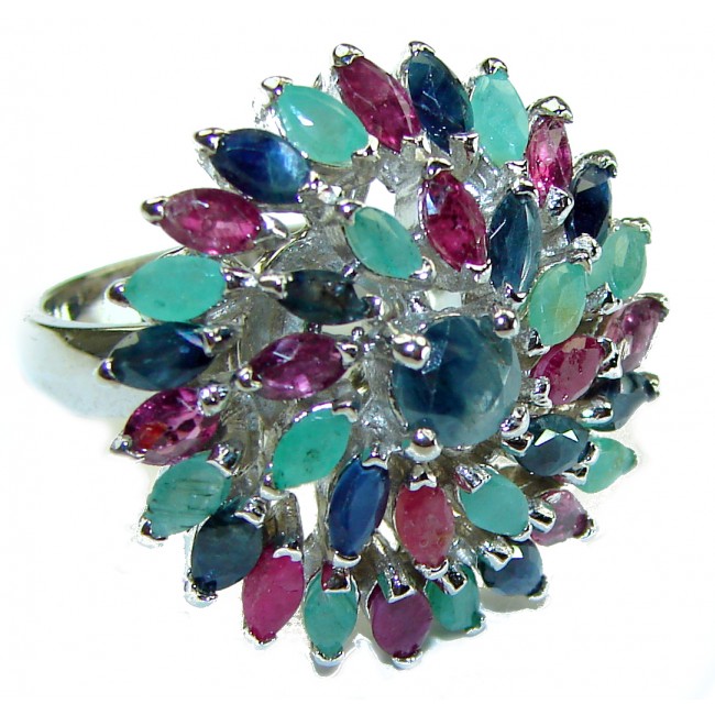 Ruby Emerald and Sapphire .925 Sterling Silver handcrafted Ring size 6