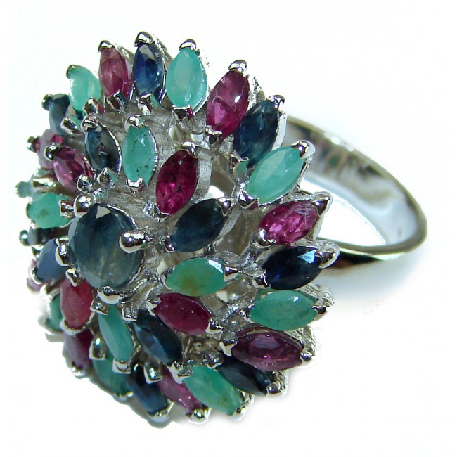 Ruby Emerald and Sapphire .925 Sterling Silver handcrafted Ring size 6