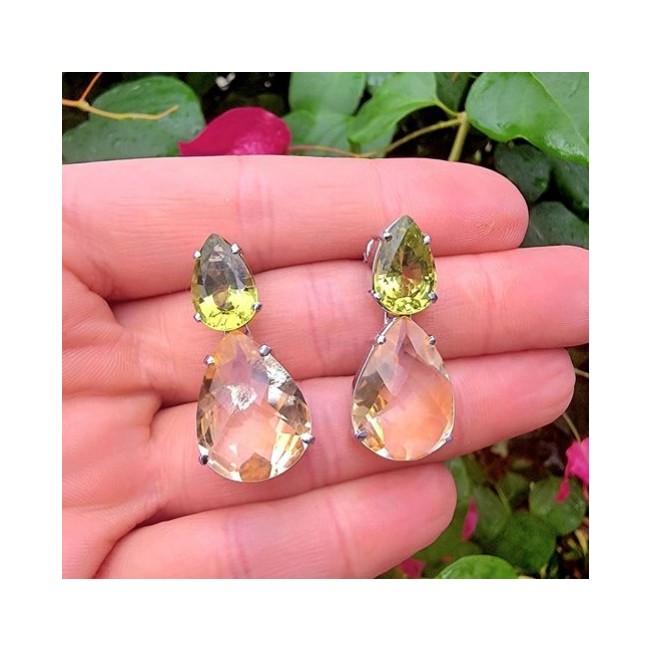 Luxurious Style Natural Citrine Peridot .925 Sterling Silver handmade Statement earrings