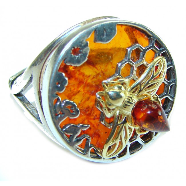 Masterpiece Honey Bee Baltic Polish Amber .925 Sterling Silver handcrafted ring; s 7