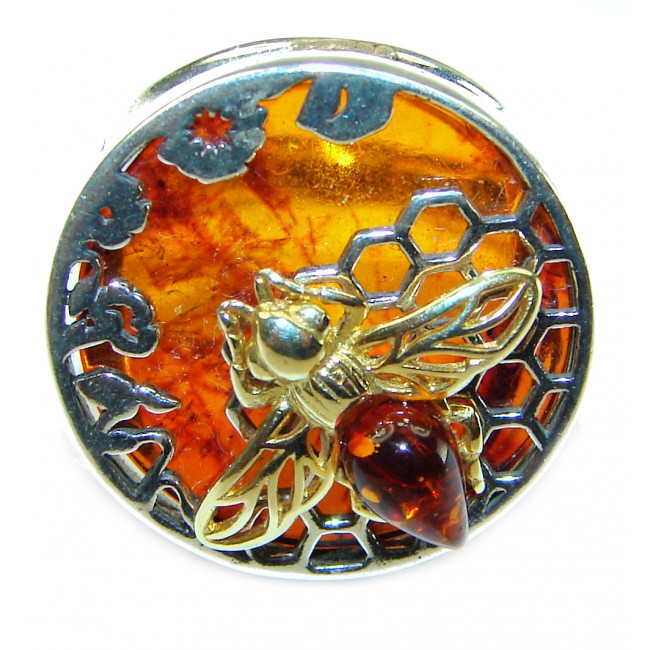 Masterpiece Honey Bee Baltic Polish Amber .925 Sterling Silver handcrafted ring; s 7