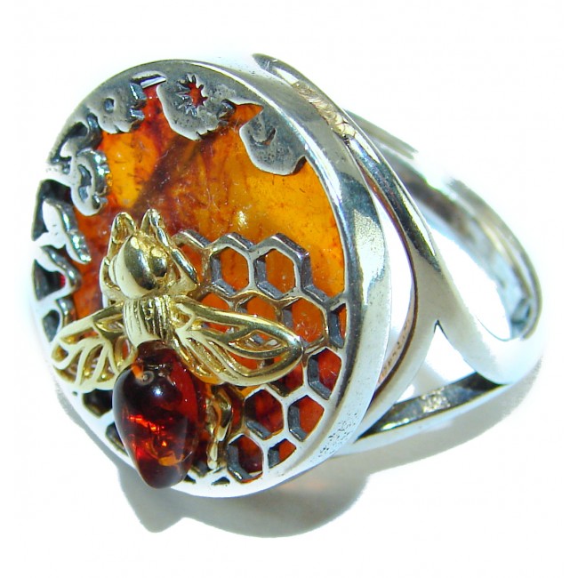 Masterpiece Honey Bee Baltic Polish Amber .925 Sterling Silver handcrafted ring; s 7