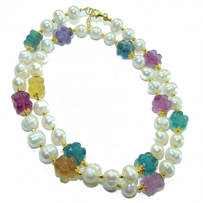 Genuine carved Fluorite Mother of Pearl 14K Gold over .925 Sterling Silver handcrafted Necklace