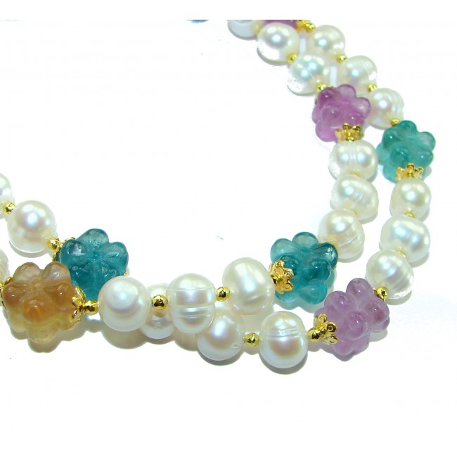 Genuine carved Fluorite Mother of Pearl 14K Gold over .925 Sterling Silver handcrafted Necklace