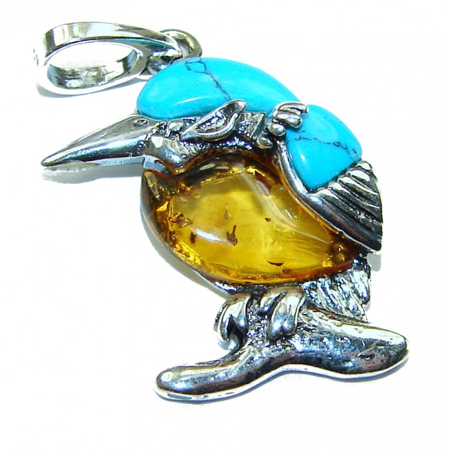 Summer Bird Amber Turquoise .925 Sterling Silver handmade Pendant