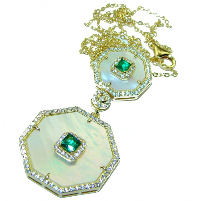 White Flowers Blister Pearl Emerald 14K Gold over .925 Sterling Silver Necklace