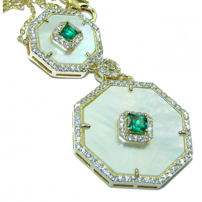 White Flowers Blister Pearl Emerald 14K Gold over .925 Sterling Silver Necklace