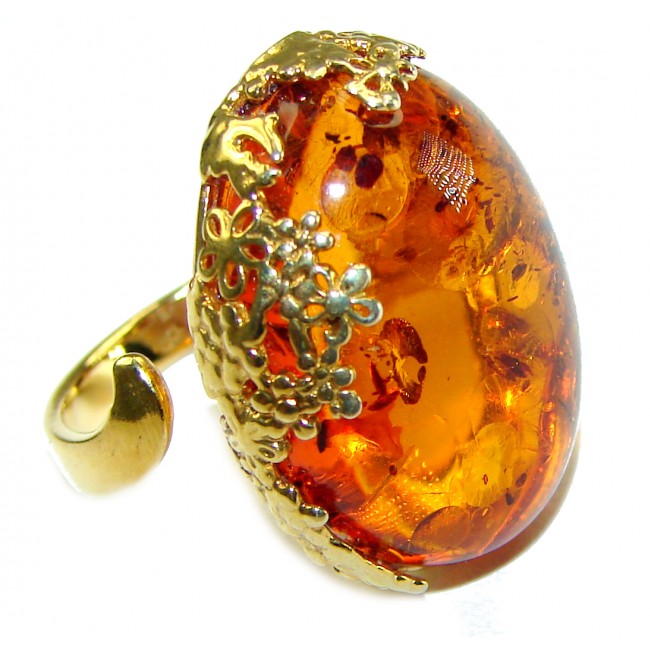 Masterpiece Honey Baltic Amber 14K Gold over .925 Sterling Silver handcrafted ring; s 7