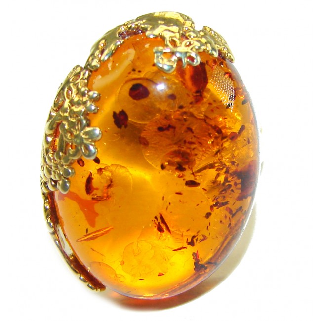 Masterpiece Honey Baltic Amber 14K Gold over .925 Sterling Silver handcrafted ring; s 7