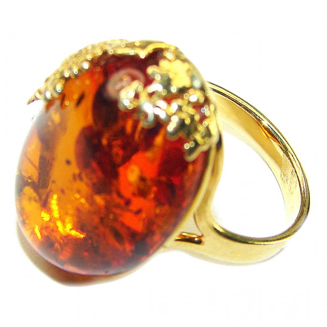 Masterpiece Honey Baltic Amber 14K Gold over .925 Sterling Silver handcrafted ring; s 7