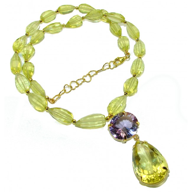 Spectacular briolette cut Lemon Quartz 14K Gold over .925 Sterling Silver handcrafted Necklace