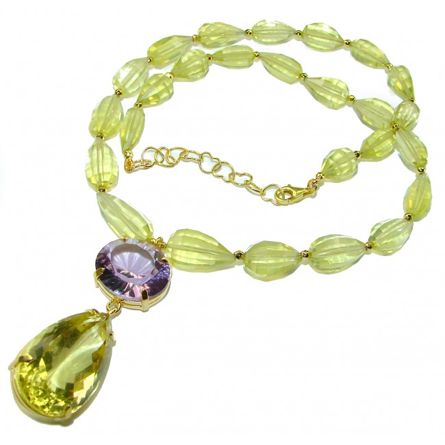 Spectacular briolette cut Lemon Quartz 14K Gold over .925 Sterling Silver handcrafted Necklace