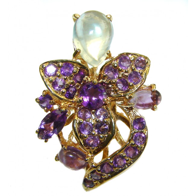 Exotic Flowers Amethyst 14K Gold over .925 Sterling Silver handcrafted Statement Ring size 6 3/4