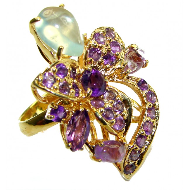 Exotic Flowers Amethyst 14K Gold over .925 Sterling Silver handcrafted Statement Ring size 6 3/4