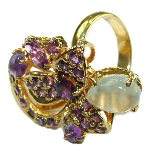 Exotic Flowers Amethyst 14K Gold over .925 Sterling Silver handcrafted Statement Ring size 6 3/4