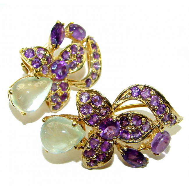 Exotic Flowers Amethyst 14K Gold over .925 Sterling Silver handmade Statement earrings