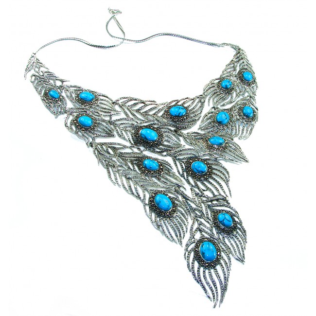 HUGE 102.9 grams Peacock Feather design genuine Turquoise .925 Sterling Silver handcrafted Necklace