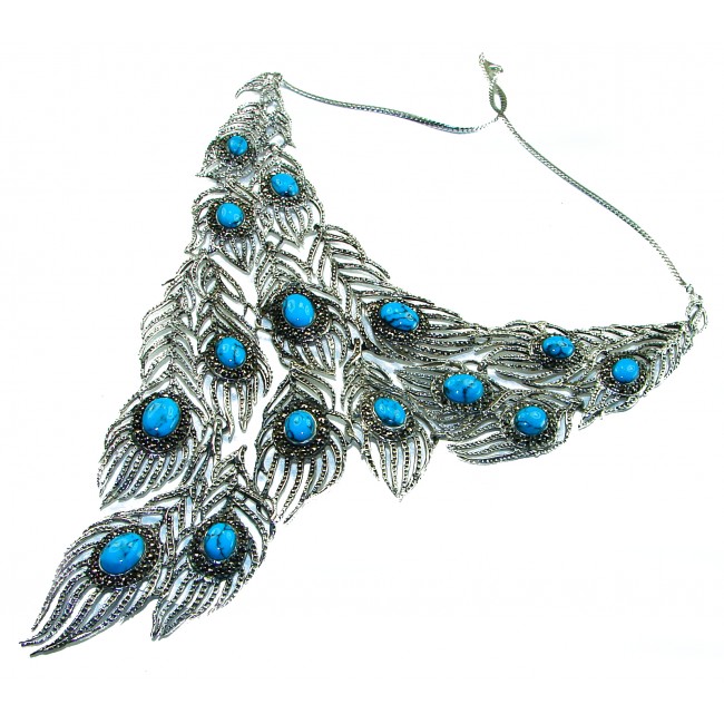 HUGE 102.9 grams Peacock Feather design genuine Turquoise .925 Sterling Silver handcrafted Necklace