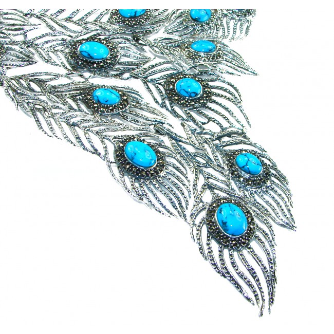 HUGE 102.9 grams Peacock Feather design genuine Turquoise .925 Sterling Silver handcrafted Necklace