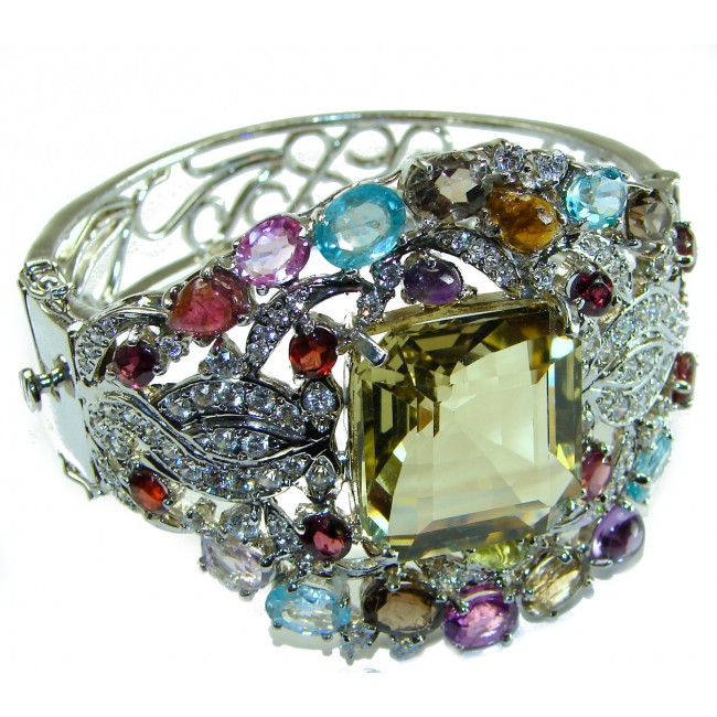 Absolutely Spectacular authentic Multi gems .925 Sterling Silver handmade bangle Bracelet