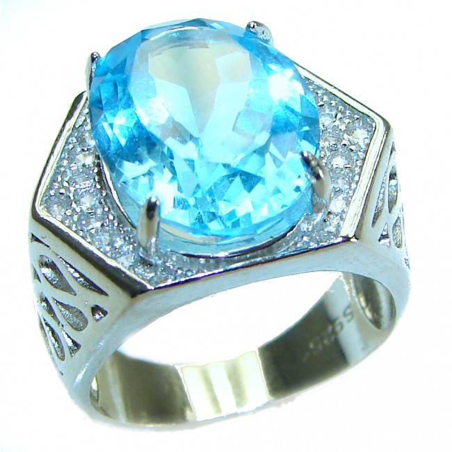 12.8 carat oval cut Swiss Blue Topaz .925 Sterling Silver handmade Ring size 7 3/4