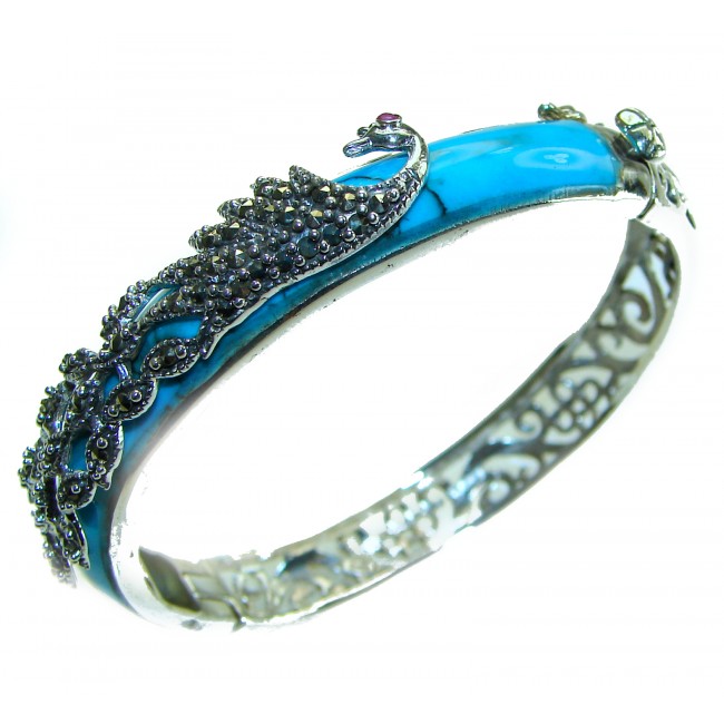 Precious Peacock Turquoise Marcasite Sterling Silver Luxury Bracelet