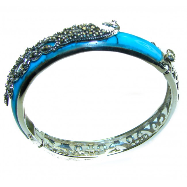 Precious Peacock Turquoise Marcasite Sterling Silver Luxury Bracelet