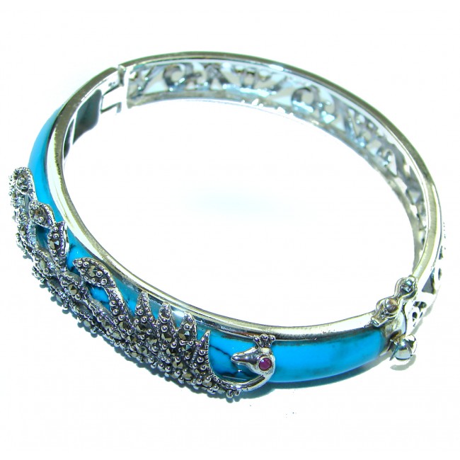 Precious Peacock Turquoise Marcasite Sterling Silver Luxury Bracelet