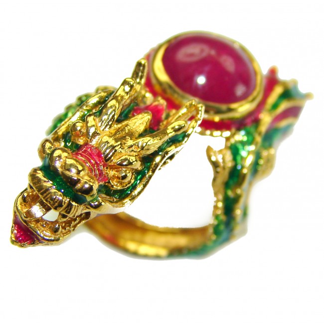 Dragon - symbolizes supernatural power- Enamel Ruby 18K Gold over .925 Sterling Silver Huge handcrafted Ring s. 5 3/4