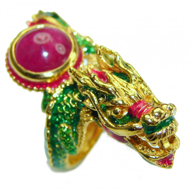 Dragon - symbolizes supernatural power- Enamel Ruby 18K Gold over .925 Sterling Silver Huge handcrafted Ring s. 5 3/4