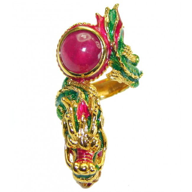 Dragon - symbolizes supernatural power- Enamel Ruby 18K Gold over .925 Sterling Silver Huge handcrafted Ring s. 5 3/4