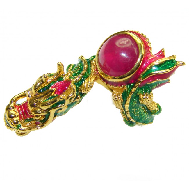 Dragon - symbolizes supernatural power- Enamel Ruby 18K Gold over .925 Sterling Silver Huge handcrafted Ring s. 5 3/4