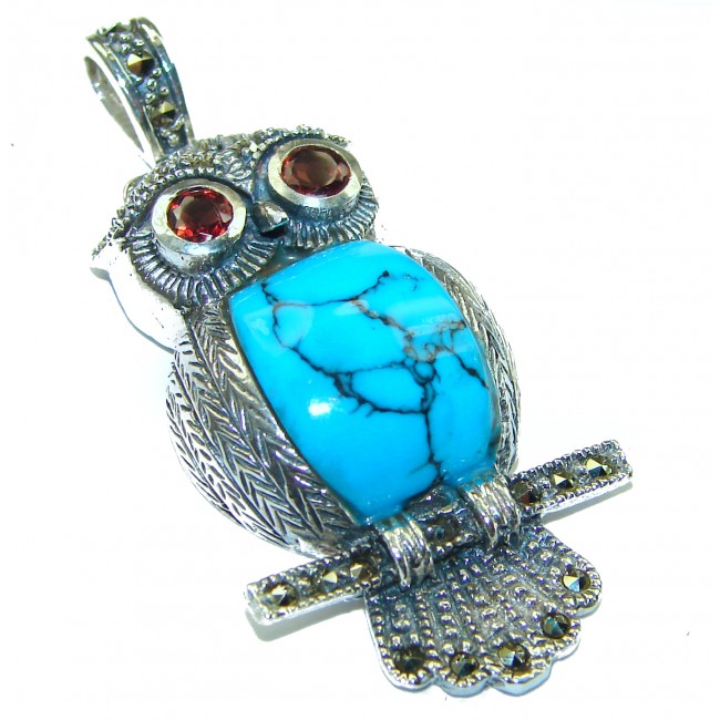 Blue Owl Blue Turquoise .925 Sterling Silver handcrafted Pendant