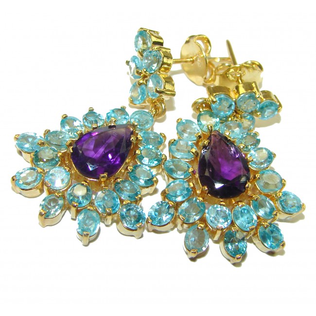 Magnificent Swiss Blue Topaz 14K Gold over .925 Sterling Silver handcrafted Statement earrings