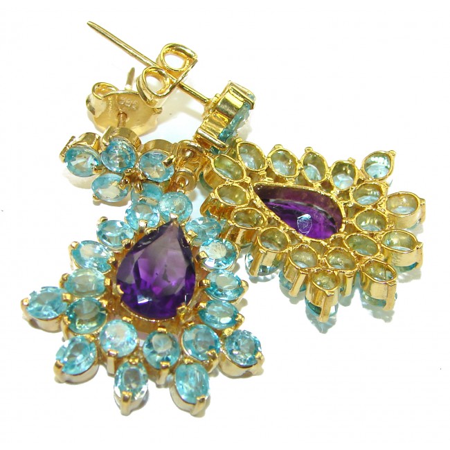 Magnificent Swiss Blue Topaz 14K Gold over .925 Sterling Silver handcrafted Statement earrings