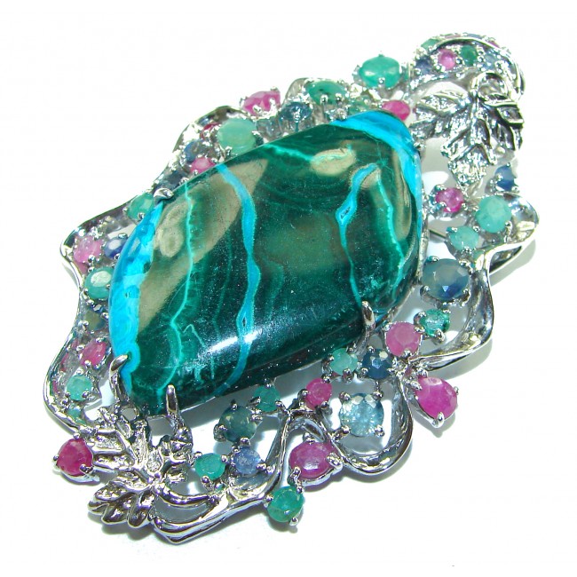 Colors of the Earth Authentic Chrysocolla .925 Sterling Silver handcrafted Large Pendant - Brooch