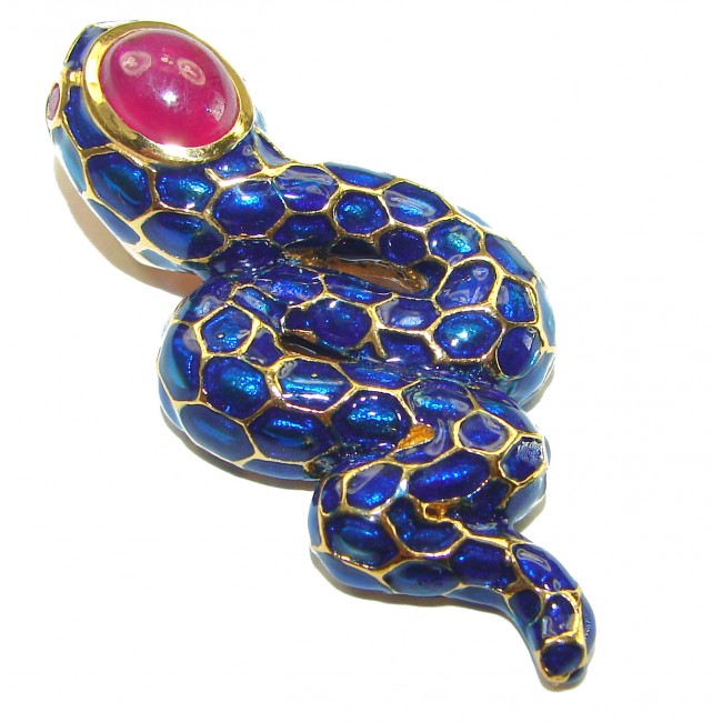 INCREDIBLE Natural Ruby Enamel Snake 14K Gold over .925 Sterling Silver Pendant