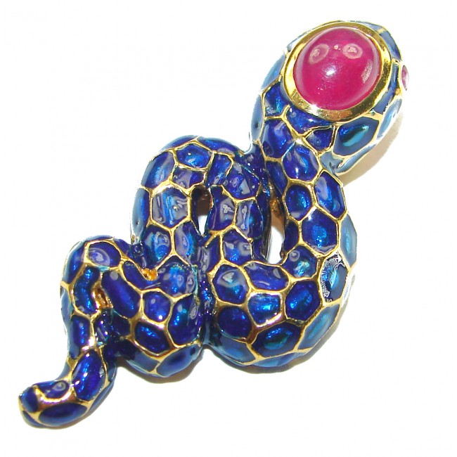 INCREDIBLE Natural Ruby Enamel Snake 14K Gold over .925 Sterling Silver Pendant