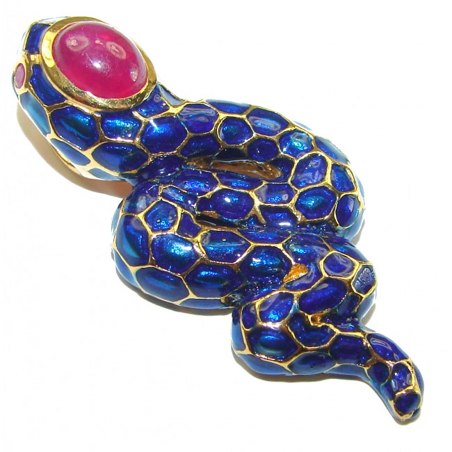 INCREDIBLE Natural Ruby Enamel Snake 14K Gold over .925 Sterling Silver Pendant