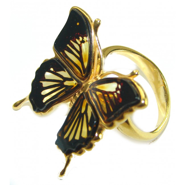 Butterfly Authentic Baltic Amber 14K Gold over .925 Sterling Silver handcrafted ring; s. 8 adjustable