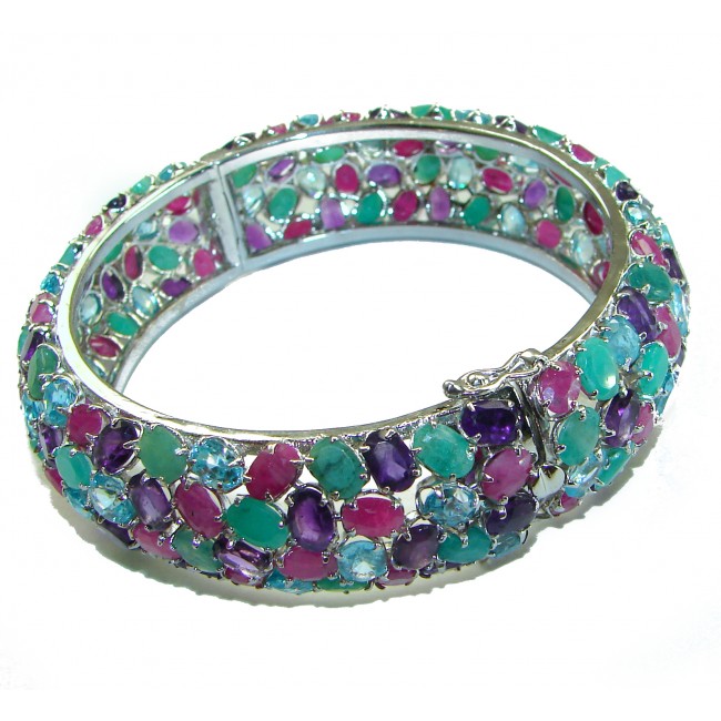 Spectacular authentic Ruby Emerald Sapphire .925 Sterling Silver handmade bangle Bracelet